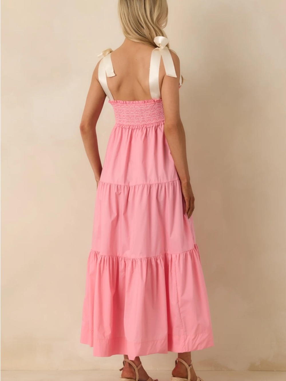 Lovelo Pink Smocked Tiered Midi Dress with Ribbon Straps - Picture 2 of 10